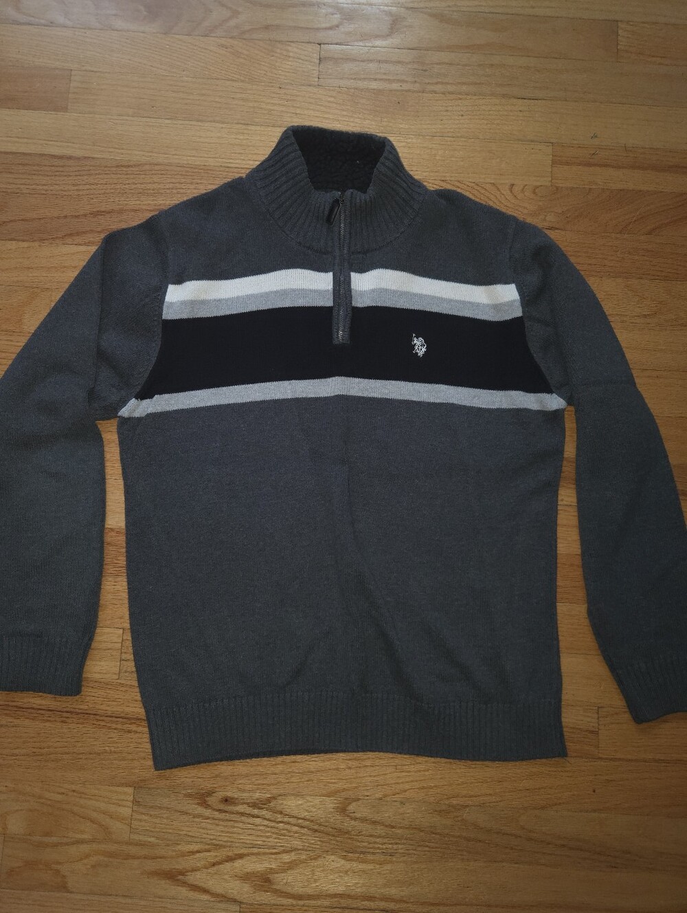 U.S. Polo Assn. Gray Half-Zip Sweater with Black and White Stripes